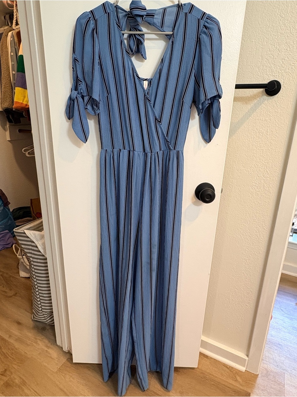 Xhilaration Light Blue Striped V-Neck Jumpsuit